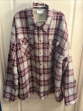 Silverts Men’s Burgundy and White Plaid Shirt Jacket with SnapClosure.